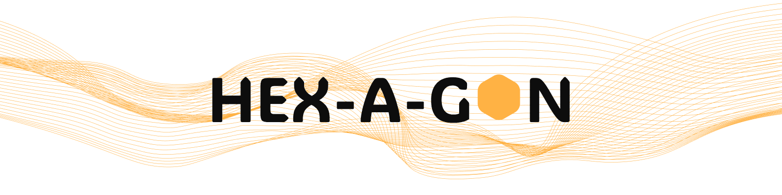 Hex-a-gon banner — the wordmark over an orange wave field
